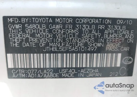 2010 Lexus Ls 460 z USA, uszkodzony, nr VIN JTHBL5EF5A5101497